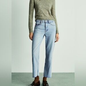 Mango Blanca Cropped Straight Leg Jeans Acid Wash Frayed Hem Medium Rise Size 14